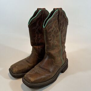 Justin Gypsy GY2900 Western Boots Size 8.5B Brown Turquoise Leather Square Toe